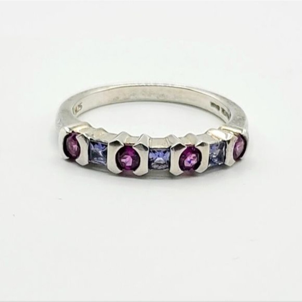 VTG 925 Sterling Silver Alternating Pink and Blue Gemstone Band Ring, Size 9.25